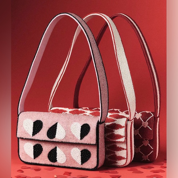 Anthropologie Pink and Black Beaded Bag Fiona icon collection nwt hearts